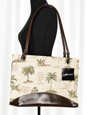 👜 SAG HARBOR Palm Tree Canvas Tote Brown Faux Leather Shoulder Bag Tropical